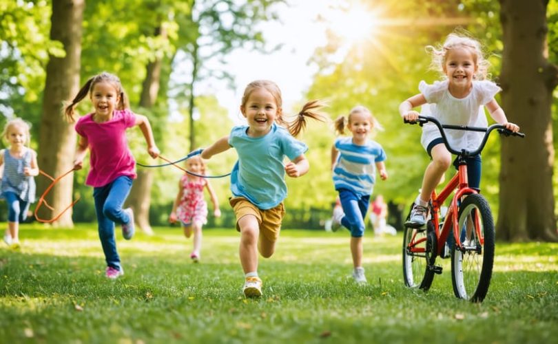 A lively group of children playing and participating in different outdoor activities in a park, symbolizing the benefits of physical activity for mental health.