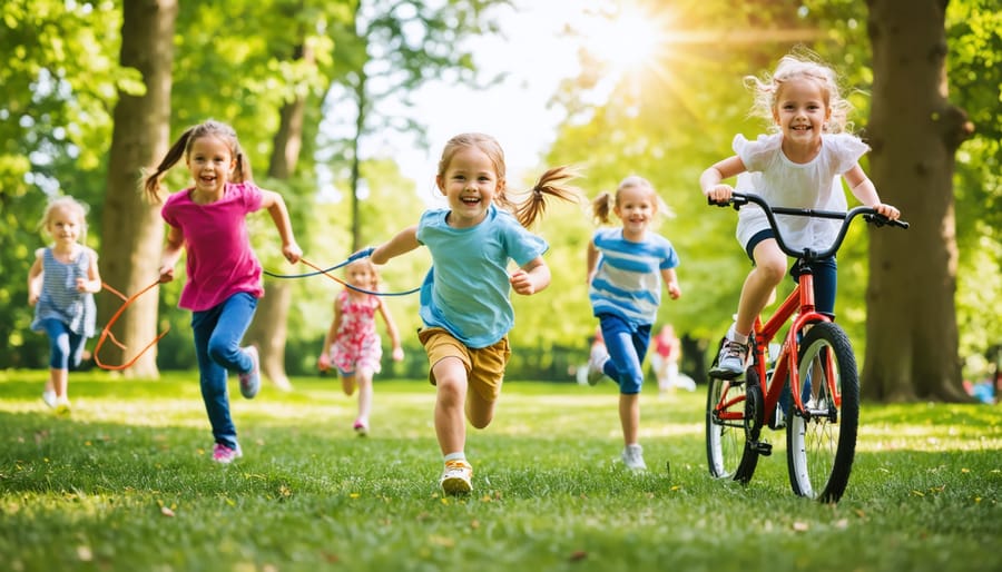 A lively group of children playing and participating in different outdoor activities in a park, symbolizing the benefits of physical activity for mental health.