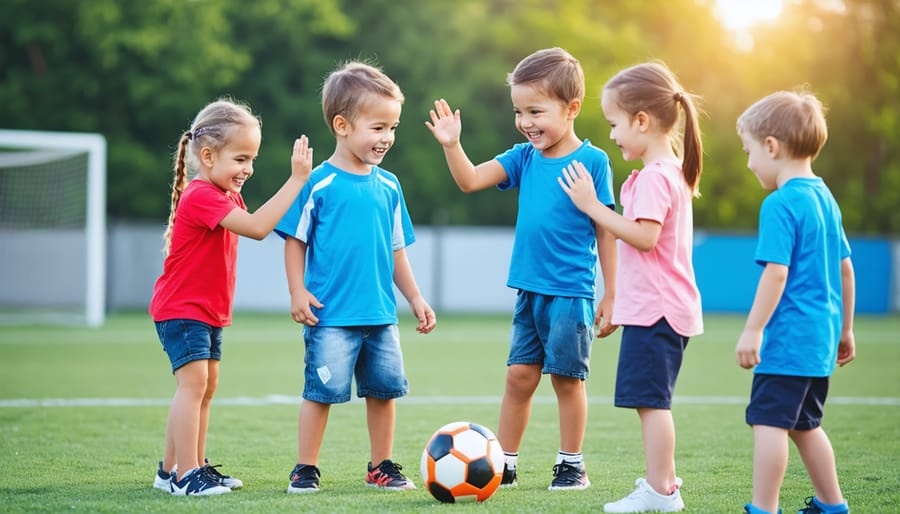 Happy children playing soccer as a team and celebrating together