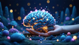 Conceptual image of a child's brain represented as a nighttime landscape with glowing neural pathways and memory orbs being organized, symbolizing sleep's role in memory consolidation.