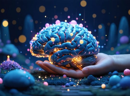 Conceptual image of a child's brain represented as a nighttime landscape with glowing neural pathways and memory orbs being organized, symbolizing sleep's role in memory consolidation.