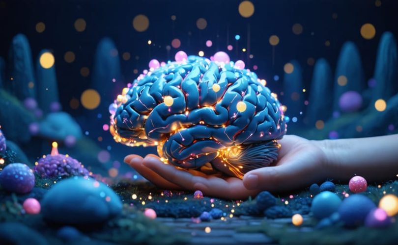 Conceptual image of a child's brain represented as a nighttime landscape with glowing neural pathways and memory orbs being organized, symbolizing sleep's role in memory consolidation.