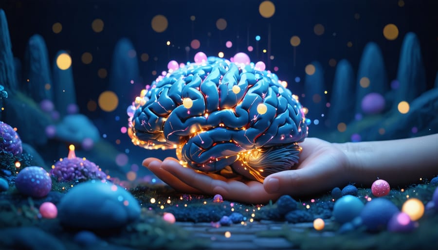 Conceptual image of a child's brain represented as a nighttime landscape with glowing neural pathways and memory orbs being organized, symbolizing sleep's role in memory consolidation.