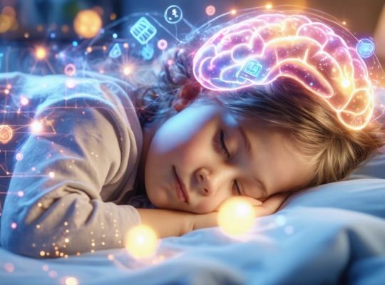 Illustration of a sleeping child enveloped in a gentle glow, surrounded by symbols representing memory, emotional balance, and energy, highlighting sleep's role in brain development.