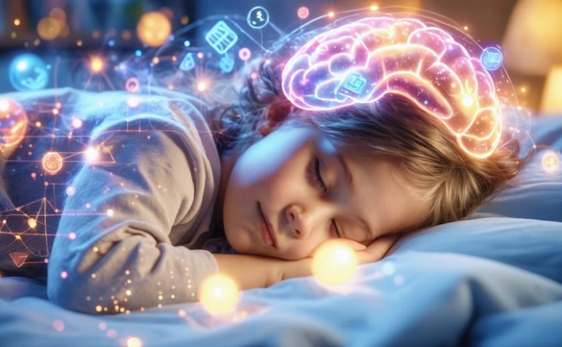 Illustration of a sleeping child enveloped in a gentle glow, surrounded by symbols representing memory, emotional balance, and energy, highlighting sleep's role in brain development.