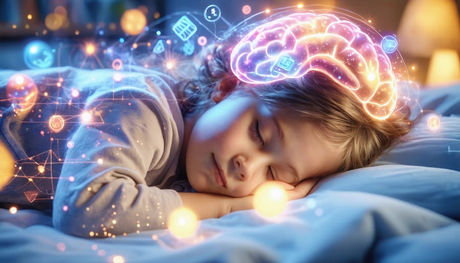 Illustration of a sleeping child enveloped in a gentle glow, surrounded by symbols representing memory, emotional balance, and energy, highlighting sleep's role in brain development.