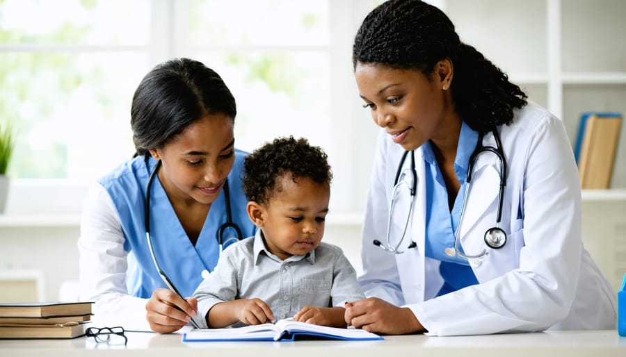 Collaborative care team meeting with a young patient and their caregiver