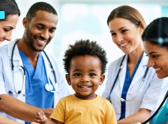 A diverse team of healthcare professionals working together around a happy child, symbolizing unity and collaborative healthcare in supporting children's mental and physical well-being.