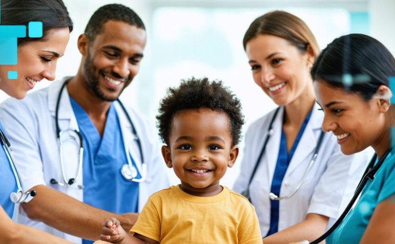 A diverse team of healthcare professionals working together around a happy child, symbolizing unity and collaborative healthcare in supporting children's mental and physical well-being.