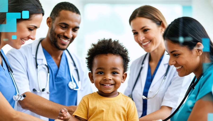 A diverse team of healthcare professionals working together around a happy child, symbolizing unity and collaborative healthcare in supporting children's mental and physical well-being.