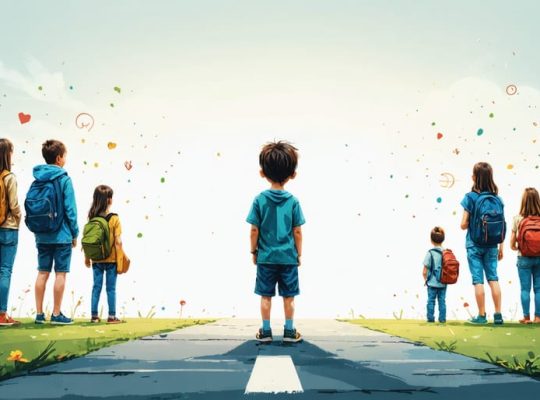 A child at a crossroad choosing between negative peer influence and positive friendships, symbolizing the impact of peer pressure on mental health.