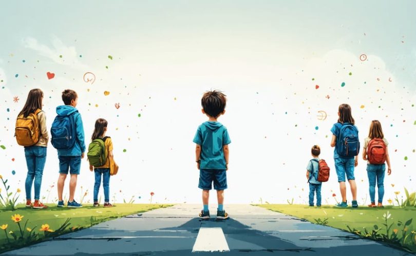 A child at a crossroad choosing between negative peer influence and positive friendships, symbolizing the impact of peer pressure on mental health.