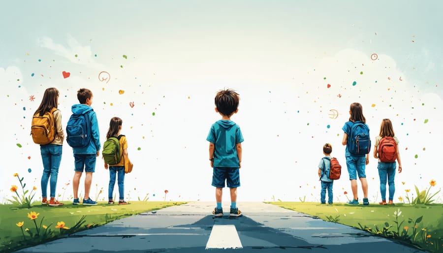 A child at a crossroad choosing between negative peer influence and positive friendships, symbolizing the impact of peer pressure on mental health.