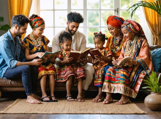 A multicultural family engaged in activities that highlight their cultural heritage, including storytelling, music, and traditional attire, symbolizing the importance of cultural influence on mental health.