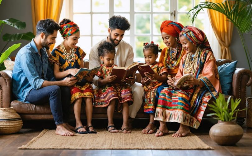 A multicultural family engaged in activities that highlight their cultural heritage, including storytelling, music, and traditional attire, symbolizing the importance of cultural influence on mental health.