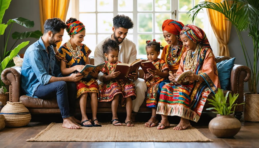 A multicultural family engaged in activities that highlight their cultural heritage, including storytelling, music, and traditional attire, symbolizing the importance of cultural influence on mental health.