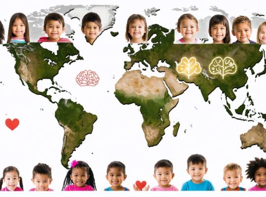 Diverse group of children overlaid on a world map with cultural symbols, representing the impact of culture on children's mental health.