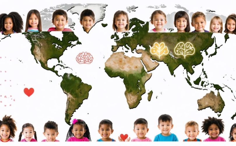 Diverse group of children overlaid on a world map with cultural symbols, representing the impact of culture on children's mental health.