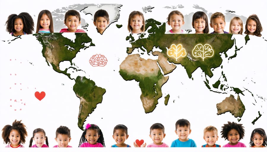 Diverse group of children overlaid on a world map with cultural symbols, representing the impact of culture on children's mental health.