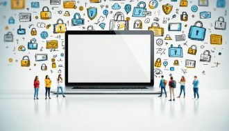 Conceptual illustration of students learning about internet safety with icons like locks and shields surrounding a laptop screen.