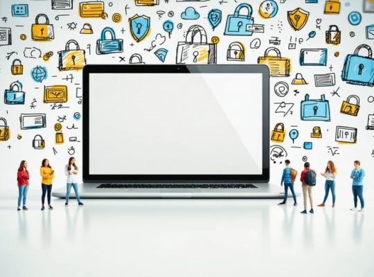 Conceptual illustration of students learning about internet safety with icons like locks and shields surrounding a laptop screen.