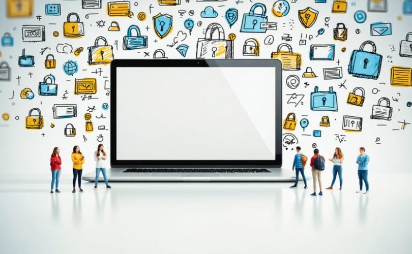 Conceptual illustration of students learning about internet safety with icons like locks and shields surrounding a laptop screen.