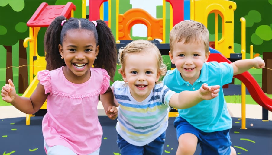 Children of various ethnicities engaging in cooperative play outdoors