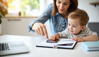 Parent and child collaboratively planning screen time guidelines with an iPhone.