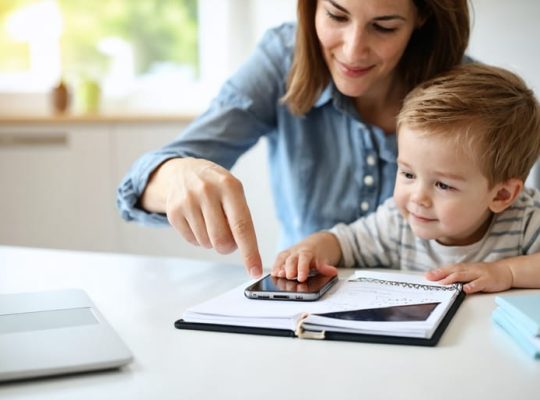 Parent and child collaboratively planning screen time guidelines with an iPhone.