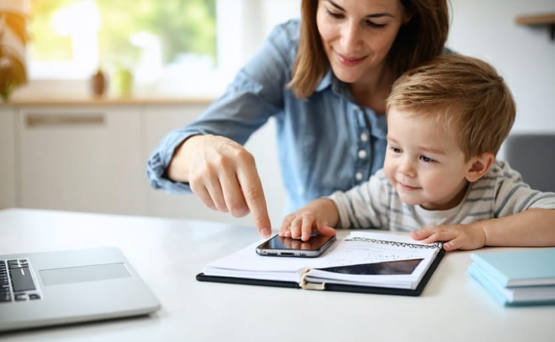 Parent and child collaboratively planning screen time guidelines with an iPhone.