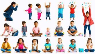 Diverse group of children engaging in coping skills like deep breathing, emotional awareness, and exercise to thrive emotionally.