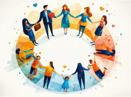 Illustration of a diverse family holding symbolic items that represent different family roles, standing together in a circle to signify harmony.