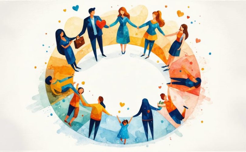 Illustration of a diverse family holding symbolic items that represent different family roles, standing together in a circle to signify harmony.