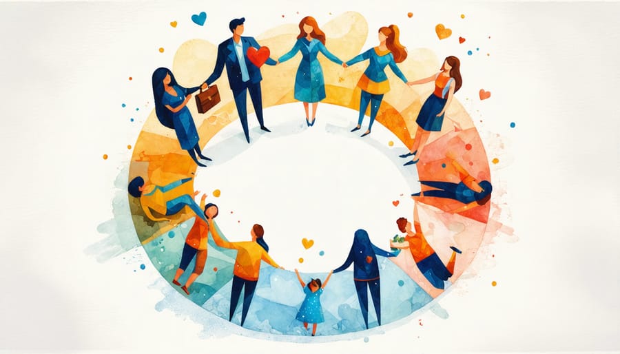 Illustration of a diverse family holding symbolic items that represent different family roles, standing together in a circle to signify harmony.