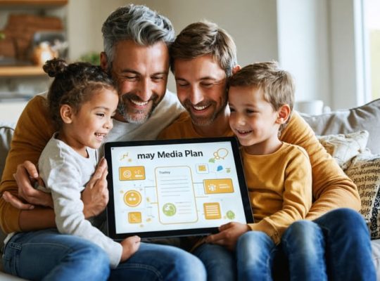 A family gathered in a living room actively engaged in developing a collaborative media plan to manage screen time, symbolizing the importance of healthy digital boundaries.