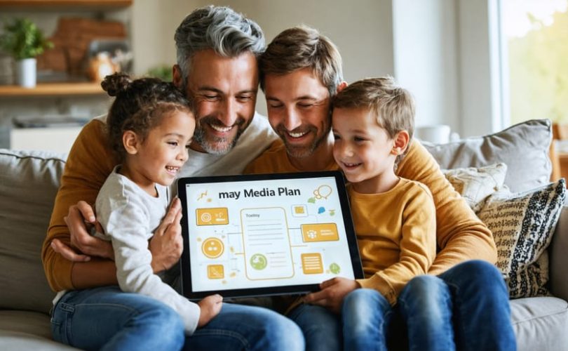 A family gathered in a living room actively engaged in developing a collaborative media plan to manage screen time, symbolizing the importance of healthy digital boundaries.