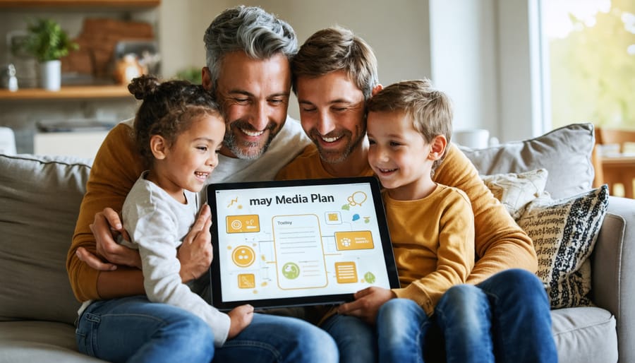 A family gathered in a living room actively engaged in developing a collaborative media plan to manage screen time, symbolizing the importance of healthy digital boundaries.