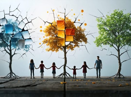 Conceptual image depicting a fragile family tree with cracks, symbolizing toxic family patterns like enmeshment, emotional neglect, parentification, chronic conflict, and favoritism.