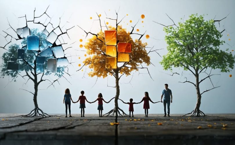 Conceptual image depicting a fragile family tree with cracks, symbolizing toxic family patterns like enmeshment, emotional neglect, parentification, chronic conflict, and favoritism.