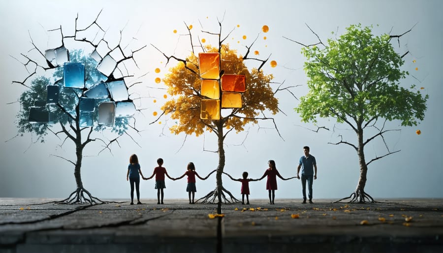 Conceptual image depicting a fragile family tree with cracks, symbolizing toxic family patterns like enmeshment, emotional neglect, parentification, chronic conflict, and favoritism.