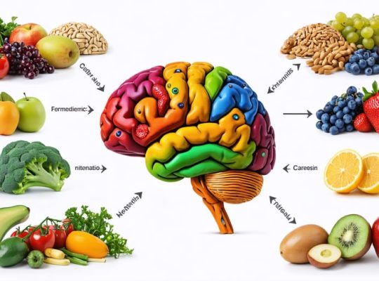 Conceptual illustration showing the connection between the digestive system and the brain, symbolizing serotonin production and the impact of dietary choices on mental health, with various healthy foods surrounding the brain.