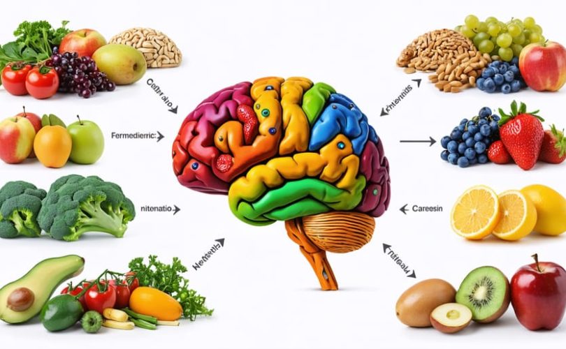 Conceptual illustration showing the connection between the digestive system and the brain, symbolizing serotonin production and the impact of dietary choices on mental health, with various healthy foods surrounding the brain.