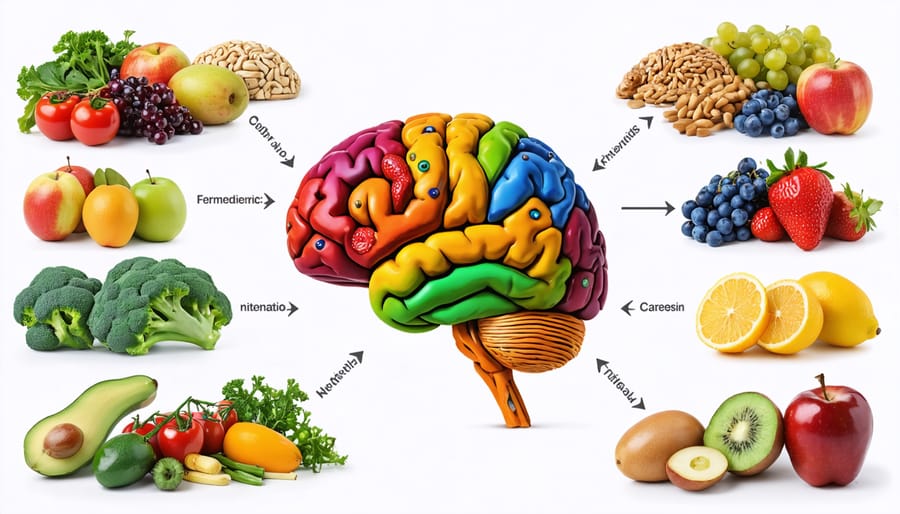 Conceptual illustration showing the connection between the digestive system and the brain, symbolizing serotonin production and the impact of dietary choices on mental health, with various healthy foods surrounding the brain.