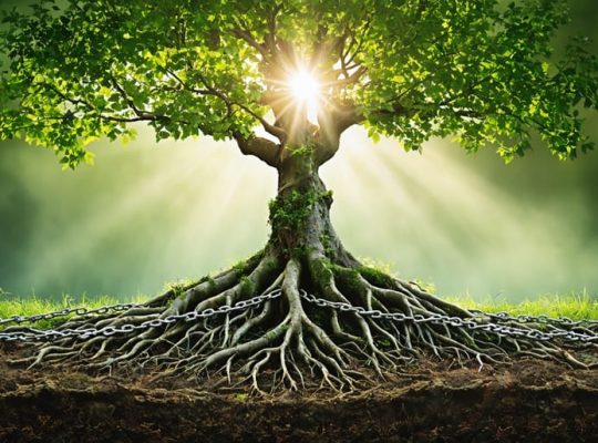 An artistic depiction of a family tree with roots entangled in chains, symbolizing intergenerational trauma, with vibrant leaves and a soft light breaking through, representing hope and resilience.