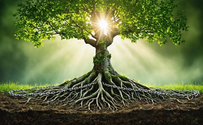 An artistic depiction of a family tree with roots entangled in chains, symbolizing intergenerational trauma, with vibrant leaves and a soft light breaking through, representing hope and resilience.