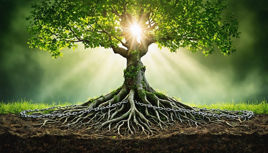 An artistic depiction of a family tree with roots entangled in chains, symbolizing intergenerational trauma, with vibrant leaves and a soft light breaking through, representing hope and resilience.