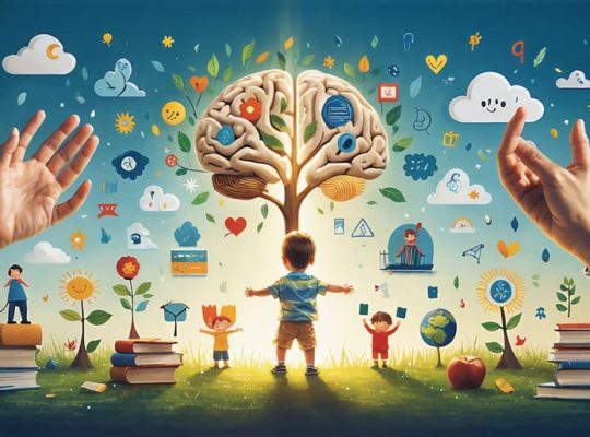 A colorful illustration representing a child's journey through early mental health intervention, showcasing the positive impact on emotional, relational, and academic aspects of life.