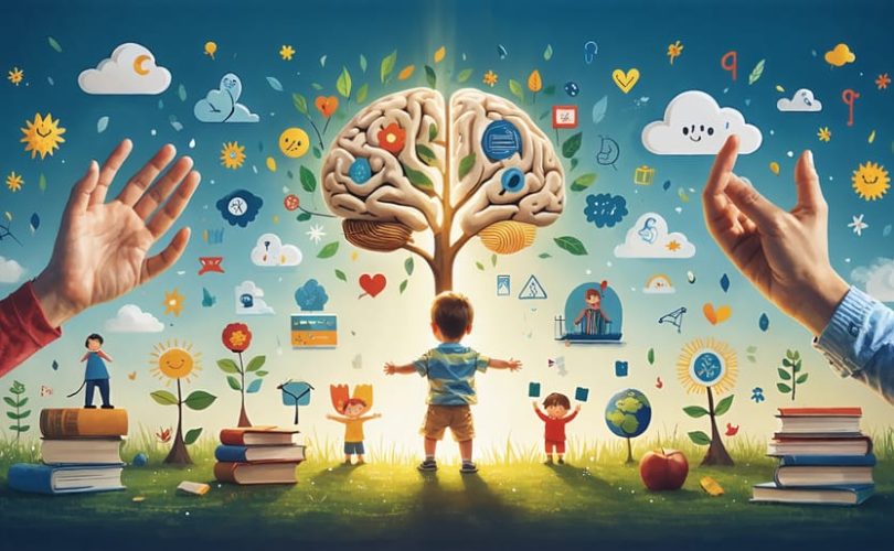 A colorful illustration representing a child's journey through early mental health intervention, showcasing the positive impact on emotional, relational, and academic aspects of life.