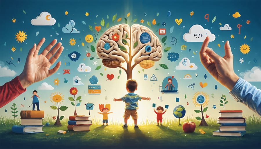 A colorful illustration representing a child's journey through early mental health intervention, showcasing the positive impact on emotional, relational, and academic aspects of life.