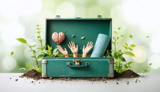 An open toolbox filled with symbolic tools for mental health, including a brain, heart, yoga mat, and journal, illustrating the concept of building a mental health toolkit for students.